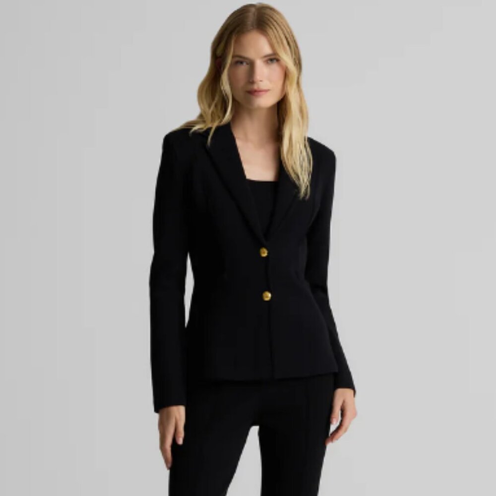 St John Black Knit 2 Piece Suit Jacket Pants Evening Basics Size 16